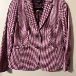 Talbots Pink Houndstooth Blazer Womens Petite 2P Wool Blend Jacket Plaid NWT